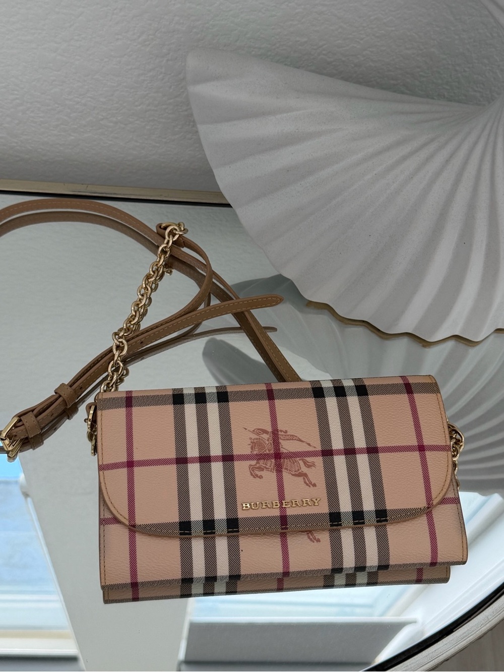 Burberry Beige/Tan Nova Check Crossbody Wallet with Gold Chain